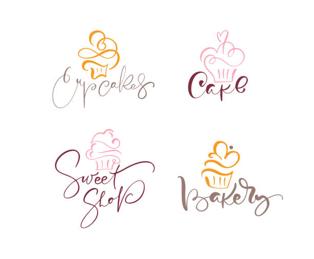 Set of four illustrations of cake vector calligraphic text with logo. Sweet cupcake with cream, vintage dessert emblem template design element. Candy bar birthday or wedding invitation Set of four illustrations of cake vector calligraphic text with logo. Sweet cupcake with cream, vintage dessert emblem template design element. Candy bar birthday or wedding invitation. cupcake stock illustrations