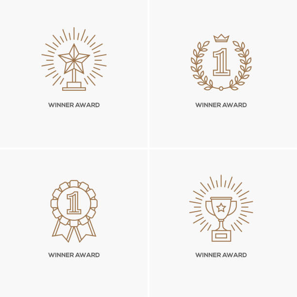 Set of four linear winner awards. Set of four linear awards: trophy or winner cup, star and medal with number one. Victory, success, achievement symbol. Contest gold winner, sport champion emblem. award icons stock illustrations
