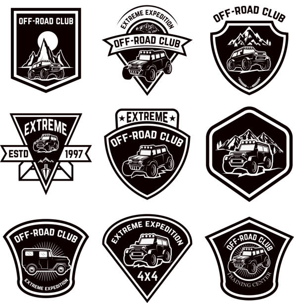 Set of four off-road suv car emblems. Extreme adventure club. Vector illustration Set of four off-road suv car emblems. Extreme adventure club. Vector illustration truck borders stock illustrations