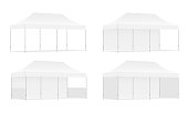 Set of four outdoor promotional rectangular tents with side views, isolated on white background. Vector illustration