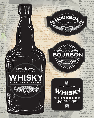 Set of four retro Bourbon Whisky labels and bottle