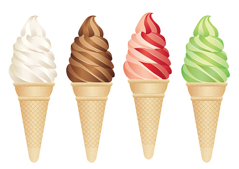 Set of four soft serve ice creams isolated on a white background.