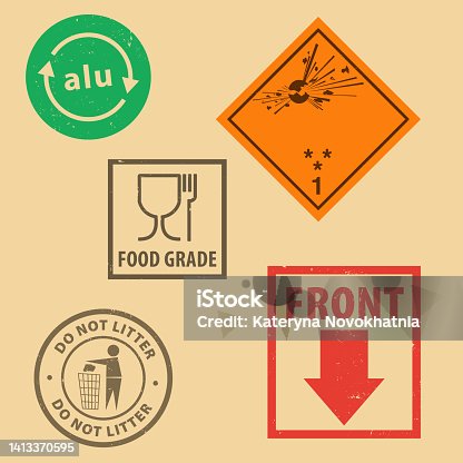 istock Set of fragile sticker Front and case icon packaging symbols sign, do not litter and Explosives rubber stamp on cardboard background. Use on package. 1413370595