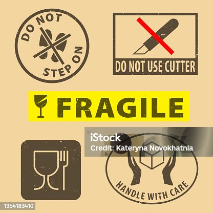 istock Set of fragile sticker handle with care and case icon packaging symbols sign, do not use cutter, do not steo on rubber stamp on cardboard background, vector illustration. Use on package. 1354183410