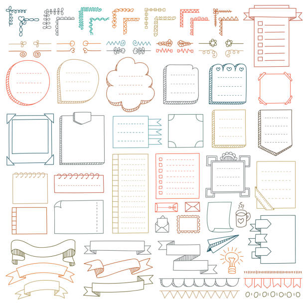 Set of frames, corners, dividers, ribbons and design elements Bullet journal hand drawn vector elements for notebook, diary and planner. Doodle banners isolated on white background. Notes, list, frames, dividers, ribbons. diary stock illustrations