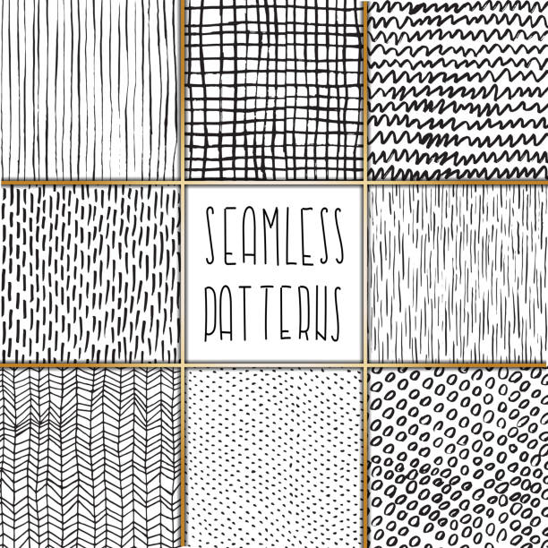 A set of freehand scribble patterns Hand drawn textured doodle seamless pattern set. Dots, lines, circles, squiggles, chevron scribbles. EPS10 vector illustration, global colors, easy to modify. doodles and hand drawn background stock illustrations