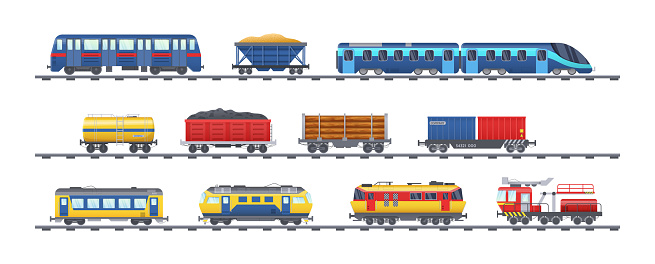 Set of freight train with wagons, tanks, freight, cisterns. Railway locomotive train with oil wagon, transportation cargo, railway transport locomotive, subway metro vector
