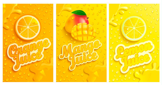 Set of fresh and cold lemon,mango,orange juices. Set of fresh and cold lemon,mango,orange juices with drops from condensation on background, splashing and fruit slices for brand and template,label,emblems,stores,packaging,advertising.Vector juice drink stock illustrations