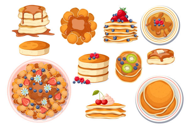 illustrazioni stock, clip art, cartoni animati e icone di tendenza di set di pancake caldi freschi con condimenti diversi. frittelle su piatto bianco, cottura con sciroppo d'acero o miele, frutti di bosco - pancake