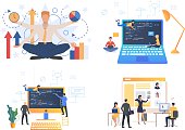Set of front end developers working on website. Male and female cartoon characters programming, conducting presentation. Vector illustration for leaflet, training, webinar