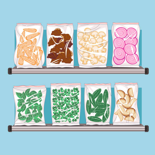 ilustrações, clipart, desenhos animados e ícones de conjunto de alimentos congelados em exposição na prateleira - comida congelada