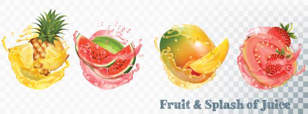 ilustrações, clipart, desenhos animados e ícones de conjunto de esguicho de suco de fruta. - doce de goiaba