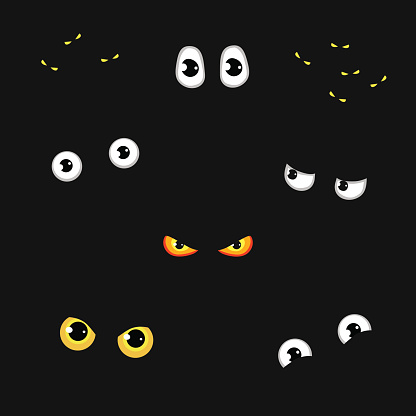 Set of funny and evil eyes in the dark - vector illustration