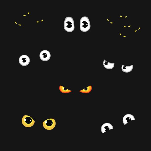 ilustrações de stock, clip art, desenhos animados e ícones de set of funny and evil eyes in the dark - vector illustration - horror