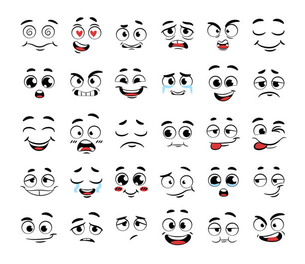 ilustraciones, imágenes clip art, dibujos animados e iconos de stock de conjunto de caras de dibujos animados divertidos - smiley face
