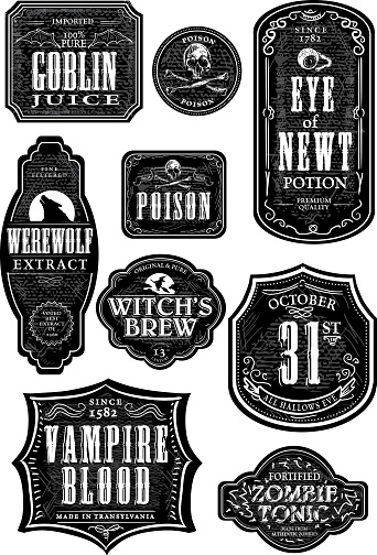 Vector illustration of a set of odd and funny Hallowe'en themed bottle labels. Print and use as wine labels, stickers or package labels or whatever you desire. Labels on white background for easy editing. Includes Illustrator 8 eps and high resolution jpg. Includes png file with transparent background (no white) to easily add over a design with a colored background.