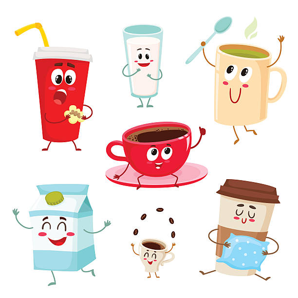 Set of funny milk, coffee, tea cup, glass, mug characters Set of funny milk, coffee, tea cup, glass, mug characters, cartoon style vector illustration isolated on white background. Cute mugs, glasses, cups with tea, coffee, milk, soda drinks breakfast clipart stock illustrations