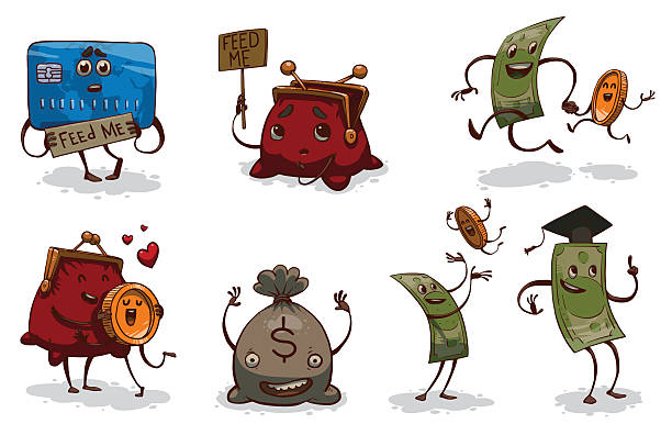 ilustraciones, imágenes clip art, dibujos animados e iconos de stock de conjunto de divertidos monetaria fondos - pile of credit cards