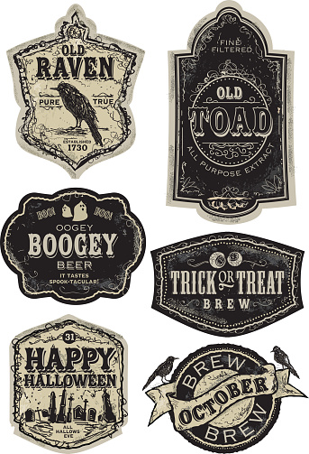 Vector illustration of a set of funny old fashioned Halloween beer labels. Reads starting from top left: Old Raven Pure True Established in 1730, Fine Filtered Old Toad All Purpose Extract, Oogey Boogey Beer It Tastes Spook-tacular, Trick or Treat Brew, Happy Halloween All Hallows Eve, Brew October. Design elements includes ravens and crows, ghosts, eyeballs and gravestone silhouettes. Very textured and worn appearance. Download includes Illustrator 8 eps, high resolution jpg and png file. See my portfolio for other label designs.