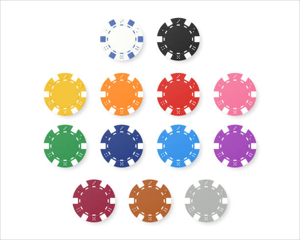 Set of gambling game like poker dice or roulette chips Poker chips  isolated background. Green, blue, red, yellow, white and black colors. Big set of gambling game like poker dice, roulette chips. White, blue, yellow, red, green, blue. Vector illustration gambling chip stock illustrations