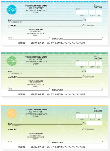 Set of generic company check designs Set of generic company check or cheque designs. Easy to customize. Area for your own logo. Use for placeholder image in your design layout. Features same layout, different color combinations. check financial item stock illustrations
