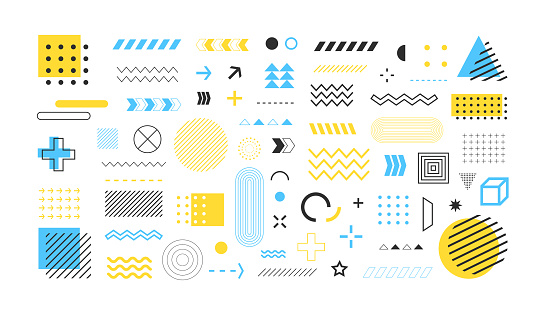 Set Of Geometric Shapes. Abstract design symbols and elements. Blue, yellow and black signs.Vector illustration