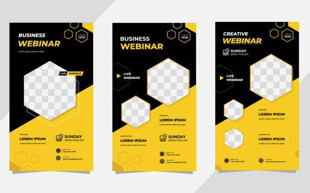 Set of Geometric social media stories post template with black and yellow background, for business webinar, digital marketing, online education, etc vector art illustration