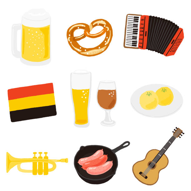ドイツの飲み物、食べ物、楽器のアイコンのセット - ビールジョッキ点のイラスト素材／クリップアート素材／マンガ素材／アイコン素材