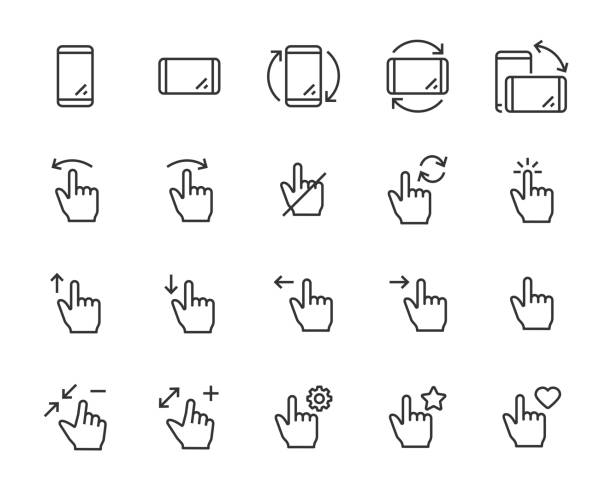 set of gesture icons, such as phone, hand, smartphone, touchscreen set of gesture icons, such as phone, hand, smartphone, touchscreen turning stock illustrations