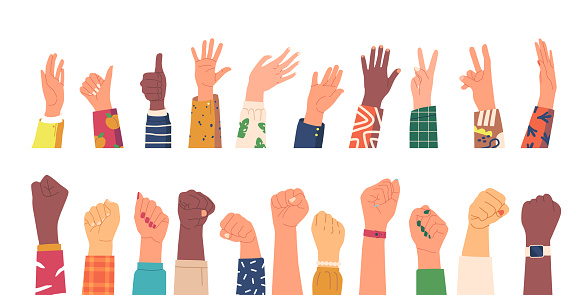 Set of Gesturing Human Hands, Diverse Characters Arms Expressing Emotions with Palms and Fingers. Black and White Skin Hands Row Waving, Thumb Up, Fist Positions. Cartoon People Vector Illustration