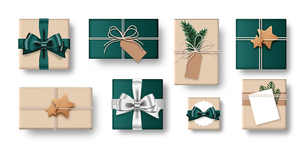 Set of gift box isolated on white background. Collection of craft-style gift present. Top view. Vector Illustration.