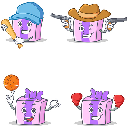 Set of gift character with baseball basketball cowboy boxing vector art