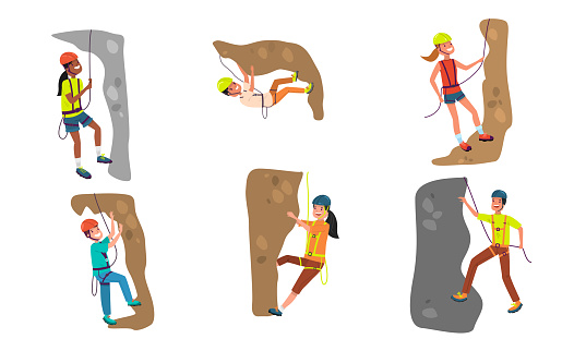 Collection set of happy smiling girls and boys alpinists climbing hills in different poses. Isolated icons set illustration on a white background in cartoon style.
