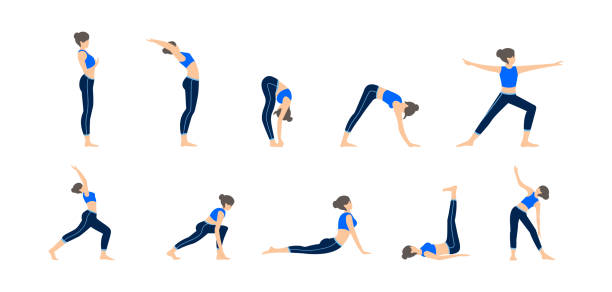 satz von mädchen in verschiedenen posen von yoga. frau yoga stellt training. unterschiedliche übung. vektor-illustration - yoga poses stock-grafiken, -clipart, -cartoons und -symbole