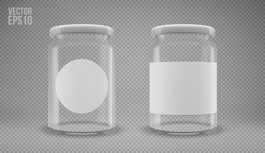 A set of glass jam jars with lids. A transparent jar with a white lid and labels. Realistic 3D illustration. Vector