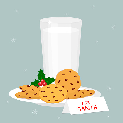Set of glass of milk and baked oatmeal cookies with chocolate chips, holly berries, isolated on snowflakes background. Note and treat for Santa. Vector flat