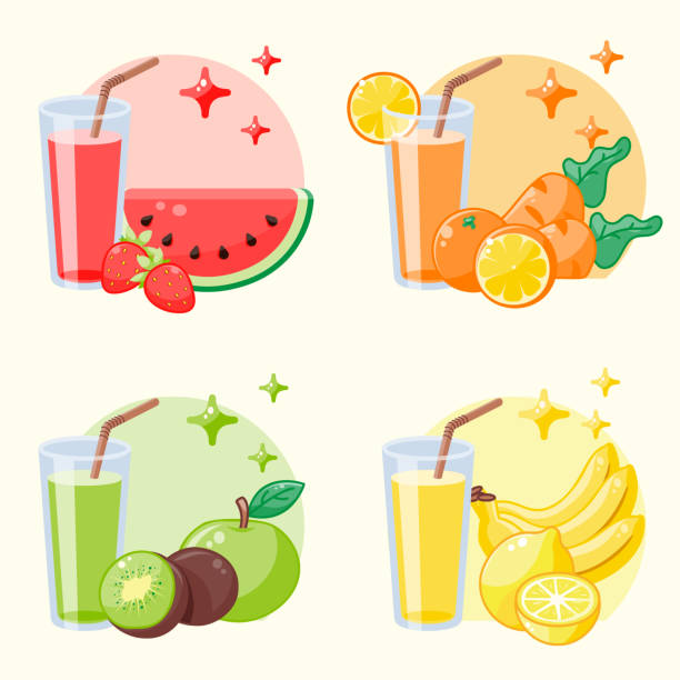 A set of glasses with juice, fruits and vegetables. Various smoothies. A set of glasses with juice, fruits and vegetables. Various smoothies. Illustration in cartoon style. Vector drinks. smoothie clipart stock illustrations