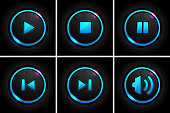Glowing Button Set for Player.Each element in a separate layers and grouped.Very easy to edit vector EPS10 file.It has transparency layers with blend effects.