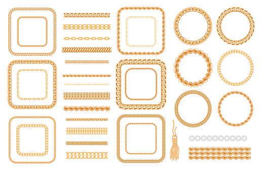 Set of gold chains and ropes isolated on white. Jewelry decorative elements. Seamless brushes for design.