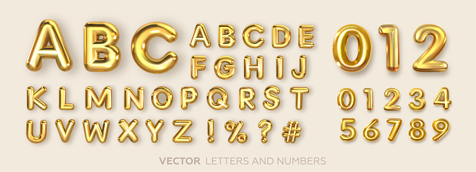 Set of gold isolated alphabet letters and numbers.