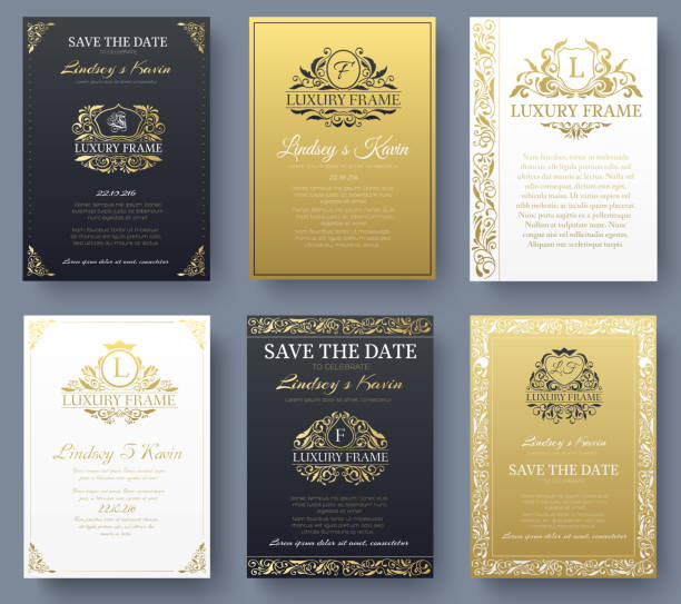 Set of gold luxury flyer pages set with logo ornament illustration concept. Vintage art identity, card, trendy, floral, invitation elements. Vector decorative retro greeting card or invitation design Set of gold luxury flyer pages set with logo ornament illustration concept. Vintage art identity, card, trendy, floral, invitation elements. Vector decorative retro greeting card or invitation design. anniversary borders stock illustrations