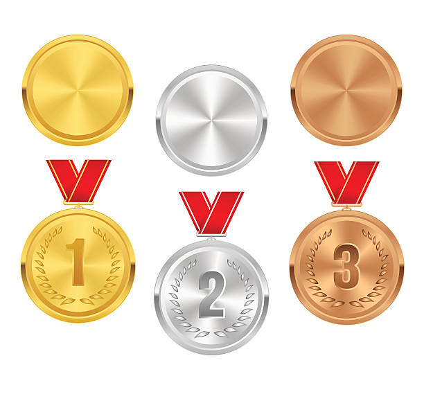 Set of gold, silver and bronze award medals. Vector awards. Set of gold, silver and bronze award medals with red ribbons. Medal round empty polished vector collection isolated on white background. Premium badges. Winner awards. Coins buttons icons. medal stock illustrations