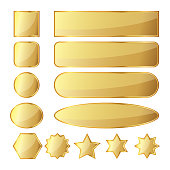 Set of 13 glossy golden buttons or banners in different shapes. Vector illustration. Gold banners isolated on white background.
