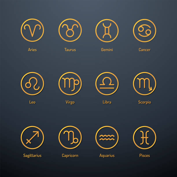 Set of golden coloured icons of astrology signs Golden coloured icons of astrology signs isolated on dark background astrology sign stock illustrations
