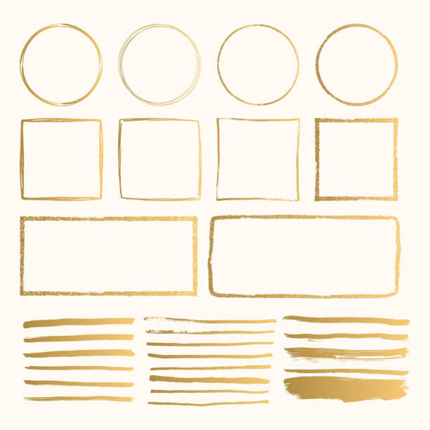 Set of golden hand drawn doodle pencil scribbles and frames. Handmade texture. Glitter shapes with rough edges. Vector isolated illustration. Set of golden hand drawn doodle pencil scribbles and frames. Handmade texture. Glitter shapes with rough edges. Vector isolated illustration. metal drawings stock illustrations