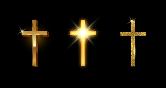 Set of golden latin cross. Shining glitter gold catholic cross. Vector illustration.