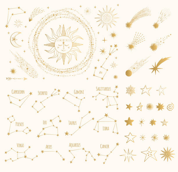황금 공간 디자인 요소 집합입니다. 조디악 서명 한다입니다. 태양, 달, 별, 혜성입니다. 골드 벡터 일러스트입니다. 격리. - 점성술 기호 일러스트 stock illustrations