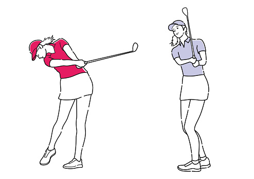 Set Of Golfers Vector Simple Line Drawings Isolated On A White Background.