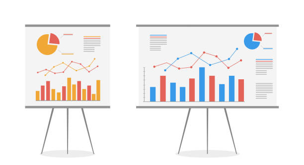 Set of graphs on the whiteboard vector cartoon. Statistics data analysis business, vector.  Sales graph stock illustrations