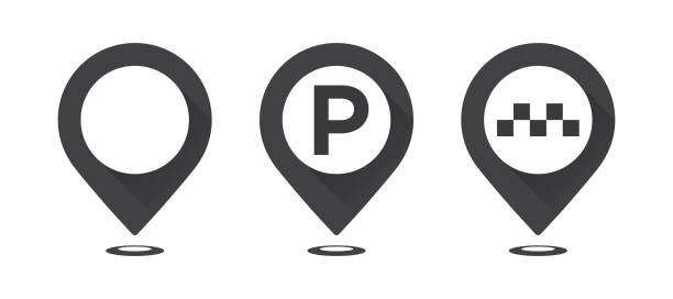 Set of gray map pointers. Map pointer, map parking pointer, map taxi pointer. Set of gray map pointers. Map pointer, map parking pointer, map taxi pointer. Vector icons parking stock illustrations
